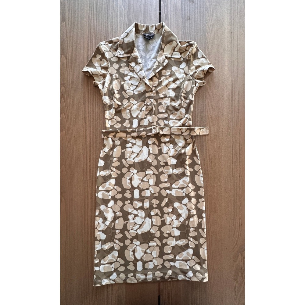 BCBGMAXAZRIA Brown Tan Abstract Print Belted Sheath Dress Short Sleeve Small